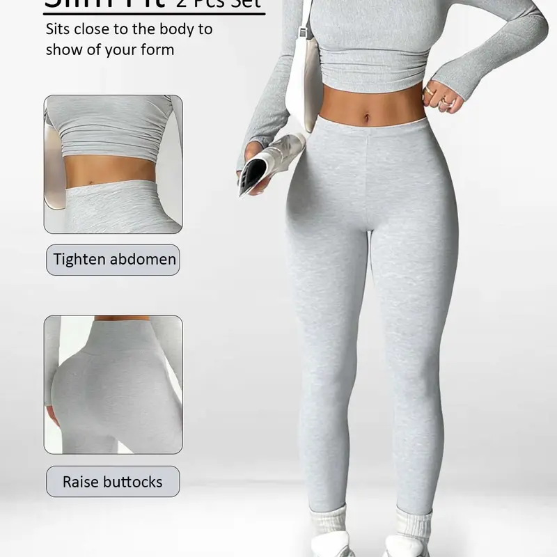 Women Solid Ruched Long Sleeve Top & Leggings Two Piece Set, Yoga Outfit Set, Sports Activewear Set, Exercise Clothing Set, High Stretch, Soft Breathable Fabric, Perfect for Yoga, Gym Workouts & Daily Outings