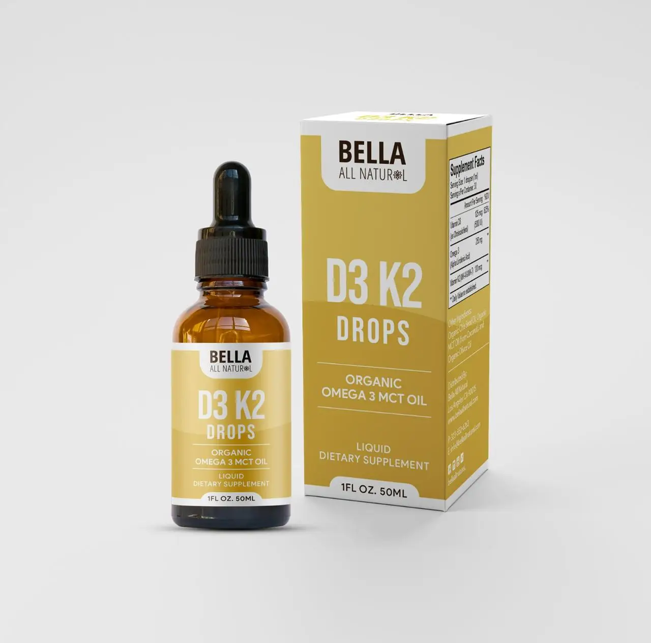 Bella All Natural D3 K2 Drops Organic Omega 3 MCT Oil 50ml Supplement for Daily...