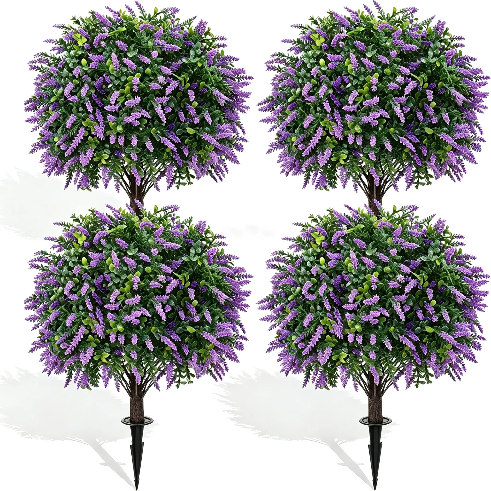 DEIKAL 4 Pack Artificial Lavender Topiary Ball Tree - 24in UV-Resistant Faux Boxwood Bushes, Fake Evergreen Plant, Ground Spike Base for Porch, Entryway, Patio Decor