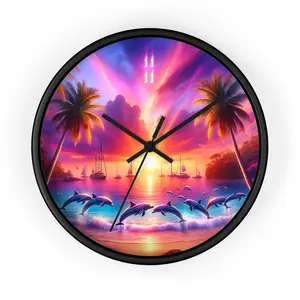 10" Wall Clock "Dolphin Dusk Enchantment: A Tropical Paradiso Symphony" -  1111 Tropical Beach at Sunset with Palm Trees, Dolphins, and Sailboats Decor Angel