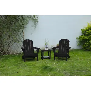Folding Adirondack Chair with Side Table, 3-Piece Adirondack Chair Set with Wood Texture, Black(includes 2 Chairs and 1 Table)