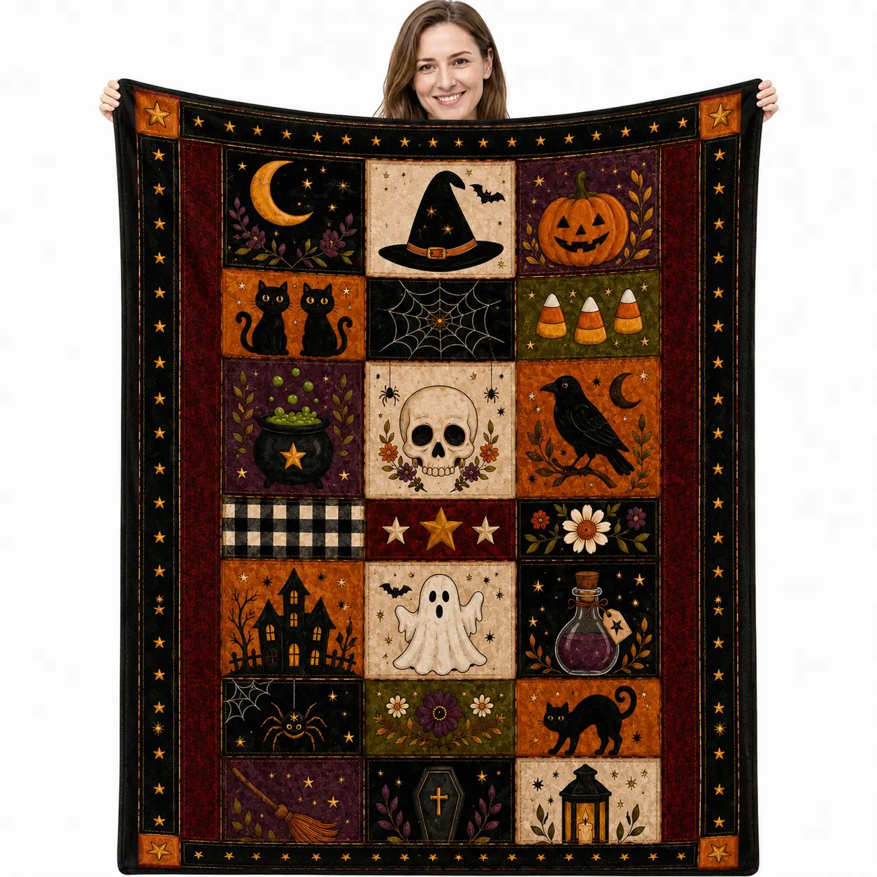 [Back to School] Vintage Halloween Patchwork Flannel Polyester Blanket (60in x 80in) - Skull and Pumpkin Pattern, Witchy Aesthetic, All Over Print Haunted Blanket for Teens, Fall Dorm Decor, Halloween Bedding, Holiday Gift, Skull And Pumpkin Pattern Blank
