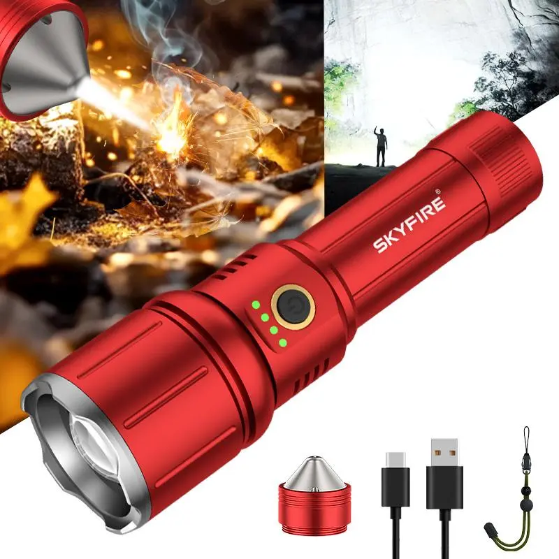 SKYFIRE 699r LED Flashlight High Lumens, Super Bright Rechargeable Flashlight with Ignition Lens, Zoomable, Waterproof Flashlight, Suitable for Camping Essentials, Outdoor & Home, Car Repair, Basement#Summervibes