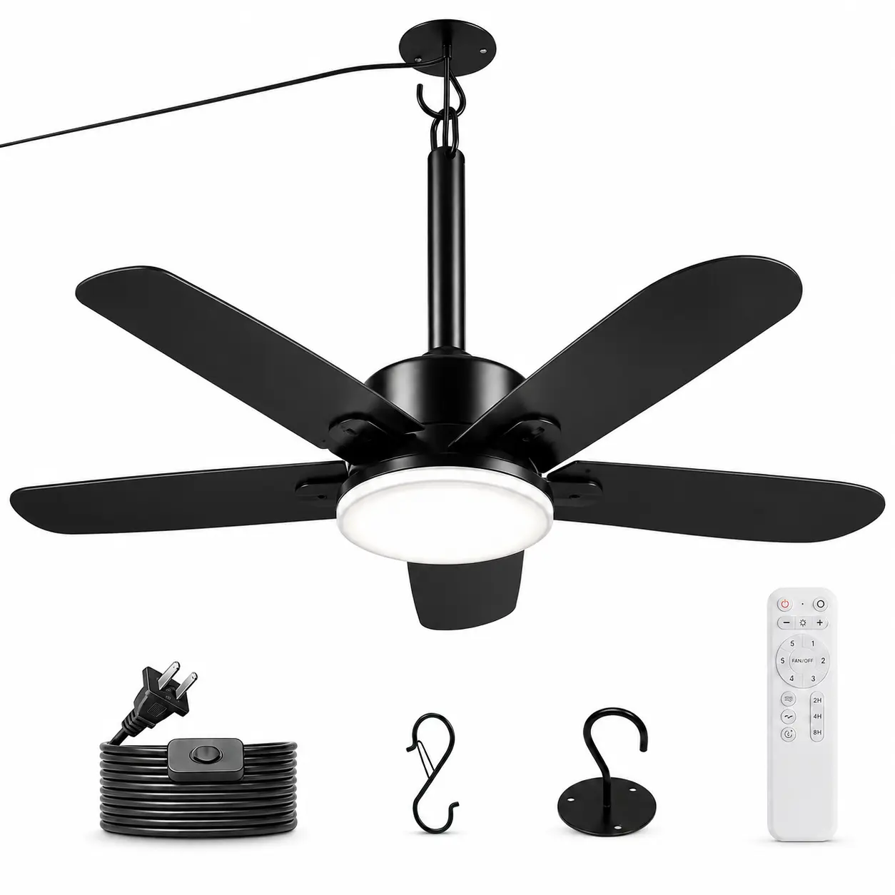20 Inch Outdoor Ceiling Fan with Light, 5-Blade Patio Fan with Remote, Gazebo Ceiling Fan for Pergola Porch Indoor Outdoor