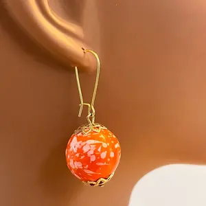Orange Print Earrings - Orange Drop Earrings- Ceramic Dangle Earrings - Handmade Orange Print Earrings