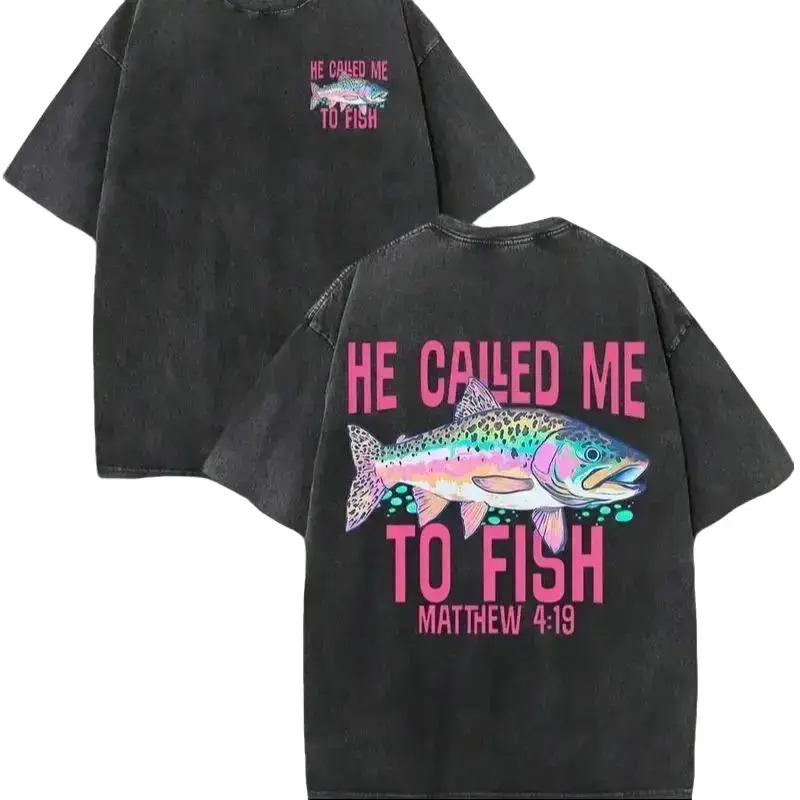 Retro Washed T-Shirt Double Sided Printed (230 Pure Cotton T-Shirt) 'HE CALLED ME TO FISH' Letter And FISH Pattern Print, Mens TShirt, Mens Shirt Casual, Comfortable, Fashionable T-Shirt, Street Style Cotton