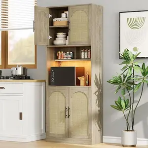 Kitchen Pantry Cabinet with RGB Light, Tall Kitchen Hutch Bar Cabinet with Microwave Stand, Farmhouse Large Wood Storage Cabinet with Barn Doors & 2 Open Shelves, Cupboard for Dining Room