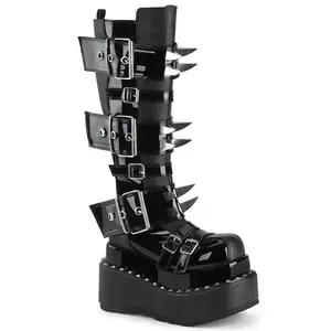 Demonia Bear-215 Black Vegan Leather-Patent Knee-high Boots