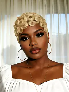 Human Hair Pixie Cut Wig, Short Curly Wavy Wig with Bangs, Natural, Rose Net Cap, Elegant Style for Women, Daily Use