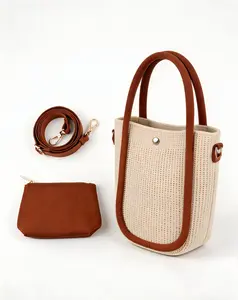 Women's Chic 2-in-1 Knitted Tote & Pouch Set - Lightweight Casual Fashion Woven Shoulder Bag, Beige & Caramel for Outdoor Use, Casual Fashion Bag