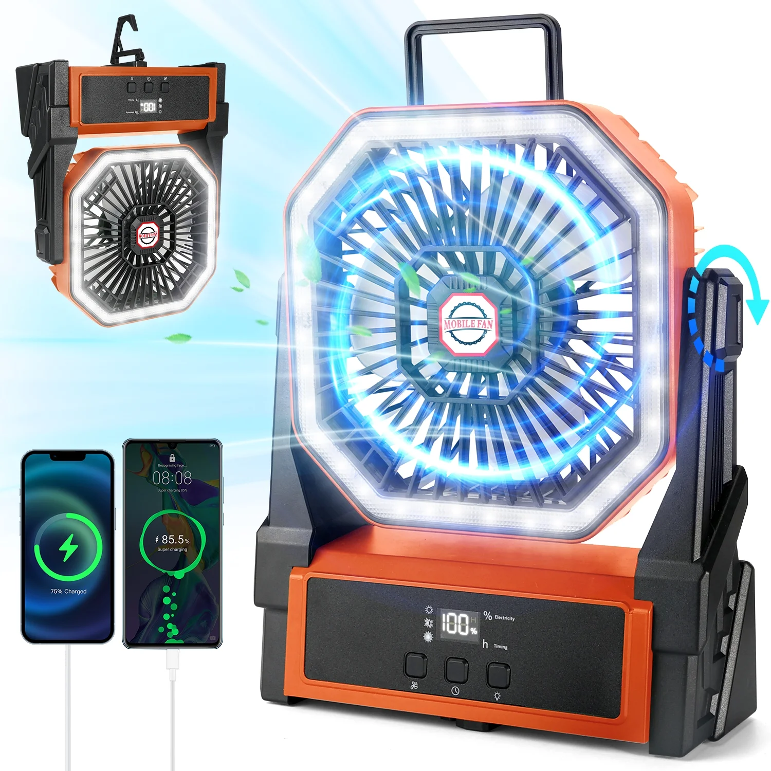 Camping Fan Portable 20000mAh Rechargeable with 4 Adjustable Speeds & 36 LED Lights for Travel Office Fishing Picnic Strong Wind Quiet Design High Bri