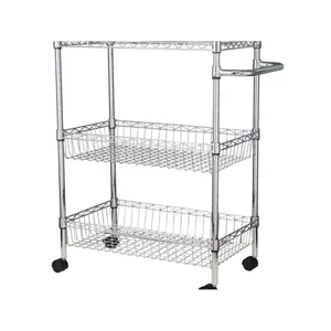 3 Tier Heavy Duty Rolling Cart, Rolling Carts With Wheels, Metal Kitchen Cart With Baskets Handles, Wire Shelving Rolling Snack Storage Cart Utility Trolley For Kitchen Bathroom Office