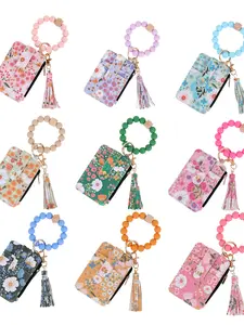 Cross-Border Silicone Bracelet Card Holder, Floral Print Leather Wallet Keychain, Tk Printed Leather Purse, Stylish Accessory