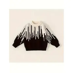 's Black & White Striped Knit Sweater - Soft Round Neck Long Sleeve Winter Warm Pullover, Cozy Stretchy Unisex-like Top for &, Hand Washable (Autumn/Winter) - Ideal for Everyday & Special Occasions