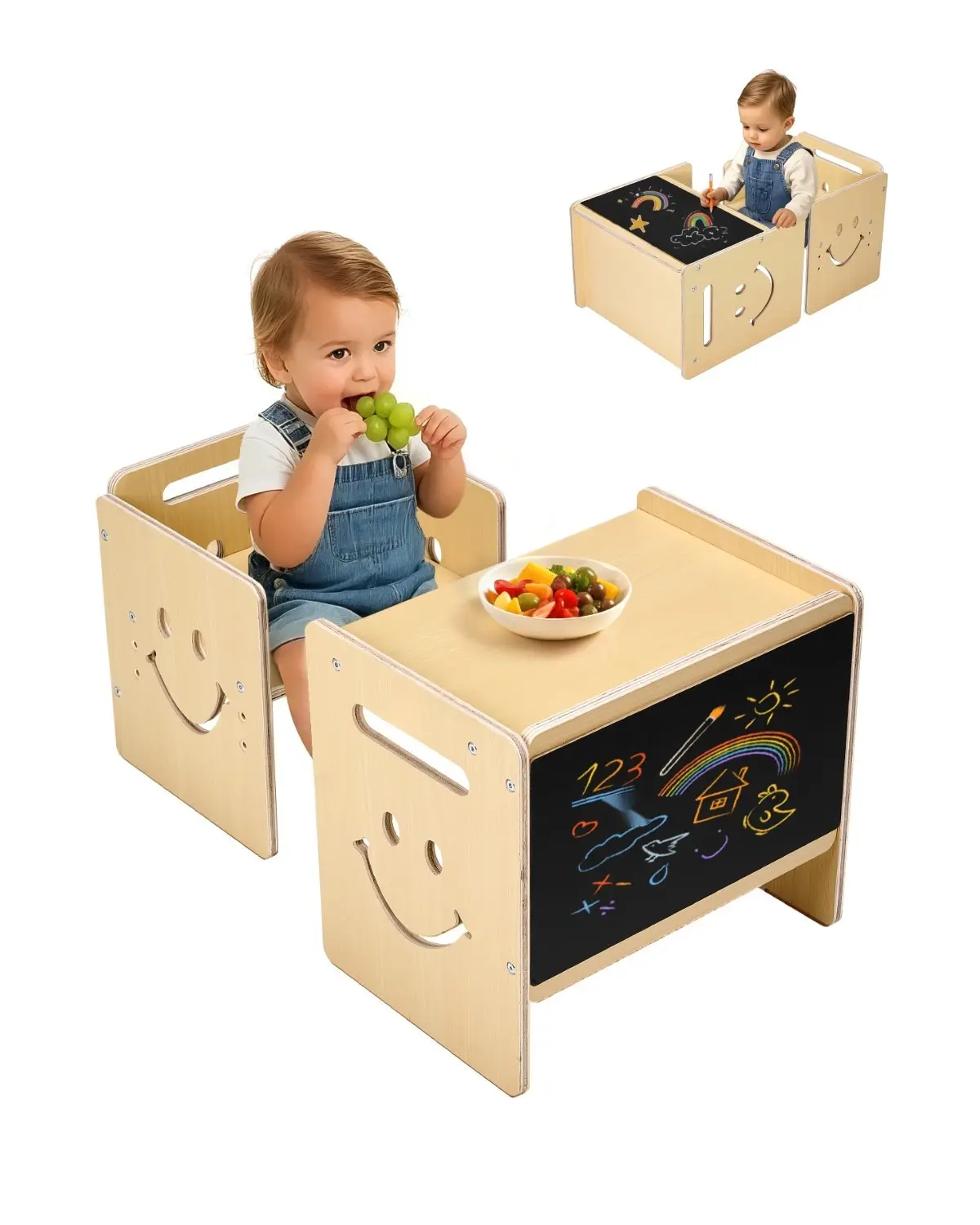 Montessori Weaning Table And Chair Set - 3-In-1 Wooden Toddler Table And Chairs With Chalkboard, Adjustable Height Design For Ages 1-5, Ideal For Drawing, Reading, Eating, Learning Activities, Natural Finish