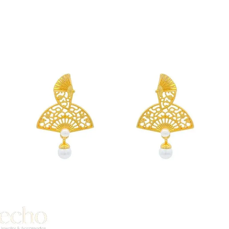 Vintage Gold Fan Shaped Earrings • Unique Chinese Design