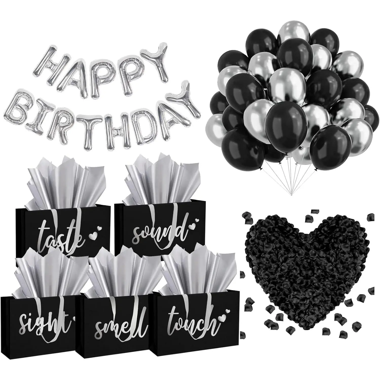 5 Senses Gift Bags Five Senses Birthday Party Decorations with Tissue Paper, Rose Petals and Happy Birthday Banner Balloons Five Senses Gift for Him Husband Boyfriend (Black Silver)