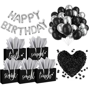 5 Senses Gift Bags Five Senses Birthday Party Decorations with Tissue Paper, Rose Petals and Happy Birthday Banner Balloons Five Senses Gift for Him Husband Boyfriend (Black Silver)