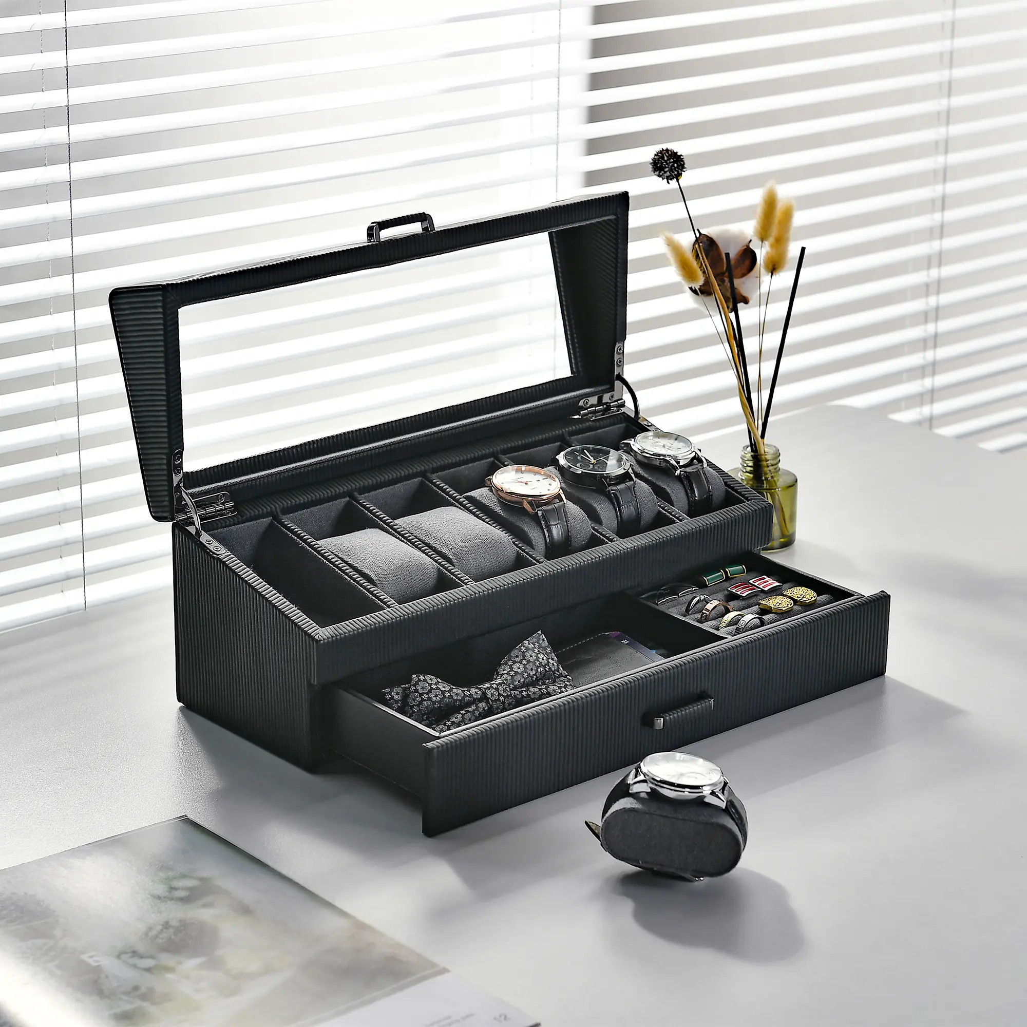 Personalized Leather Watch Case with Drawer for Sunglasses, Rings, and Trinkets, Laser Engraved 6 Slot Watch Collection Display Box for Men Gift Organiser