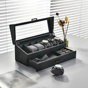 Personalized Leather Watch Case with Drawer for Sunglasses, Rings, and Trinkets, Laser Engraved 6 Slot Watch Collection Display Box for Men Gift Organiser