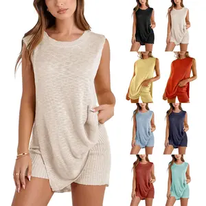 Ommig Women's 2-Piece Fashion Knitted Loungewear Tracksuit - Sleeveless Knit Sweater Top & Matching Shorts, Women's Clothes for Beach Vacation, Outfits Inspo