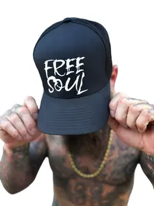 TheDriveClothing Free Soul Flexfit Hat – Black Fitted Cap with White Print, Structured 5 Panel Mid Profile Stretch Fit Hat, Mesh Back Streetwear Headwear