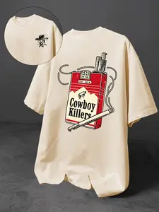 Men's Graphic Print Round Neck Short Sleeve T-Shirt, Casual Loose-Fitting Summer Top for Ages 13 and Above, Cold Wash Easy Care