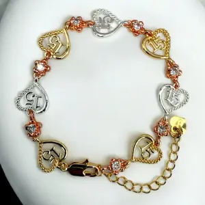 14K Gold Plated 6.5" Tri-Color Gold plated Quinceanera Heart Link Bracelet