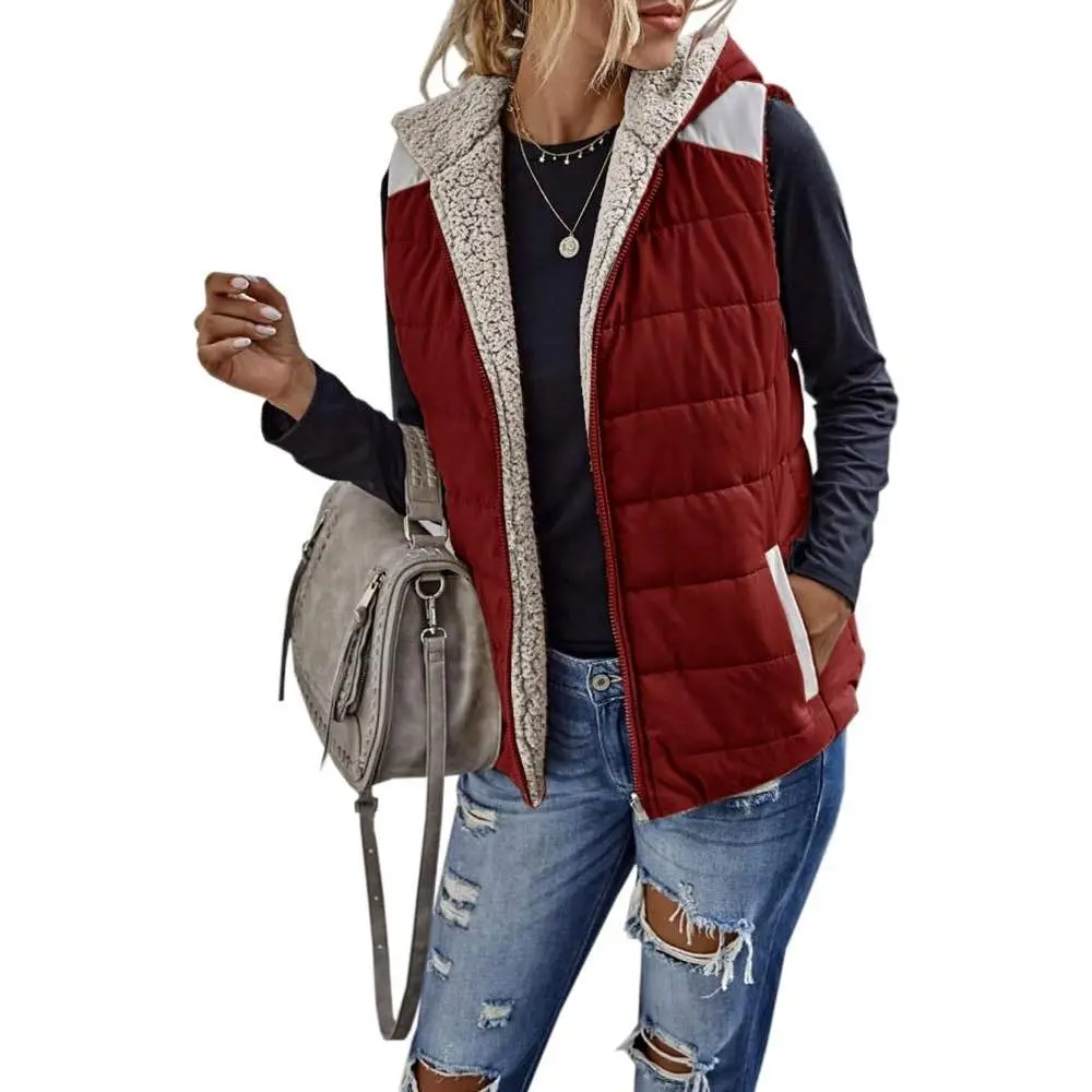 PALSTER Women's Sherpa Fleece Full-Zip Reversible Vest - Warm Color Block Hooded Casual Top with Pocket, Zipper Closure, Tops