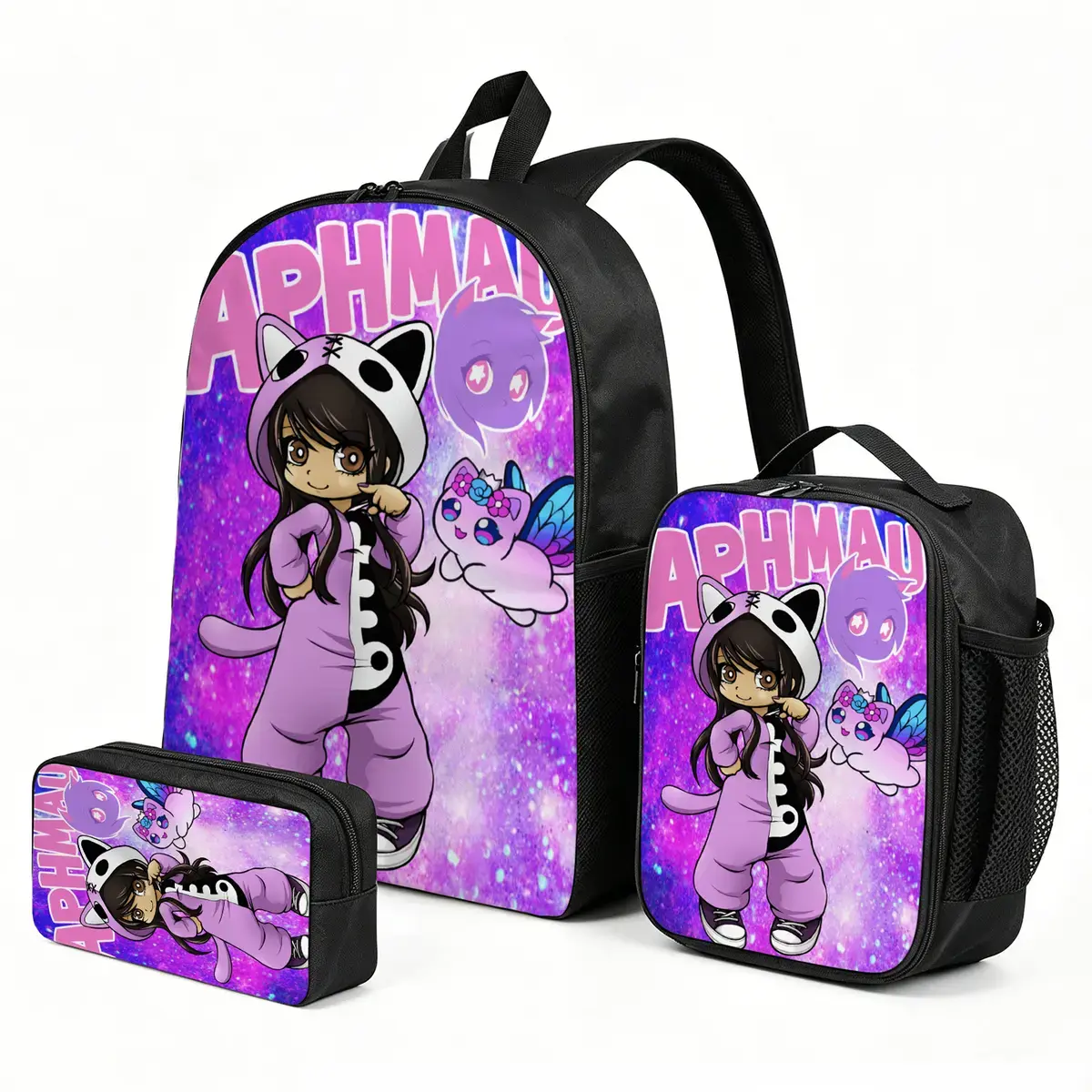 Aphmau Cartoon Graphic Lightweight Elementary School Backpack with Matching Lunch Pouch, 3pcs Holiday Stationary Bag Set for Girls & Kids, Large Capacity, Padded Strap, One Size, No Wheels