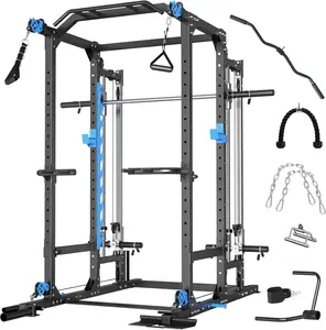 Multifunctional Power Cage Rack with Cable Crossover/Smith Machine System, LAT-Pull Down System,Squat Rack and More Training Attachments for Home Gym