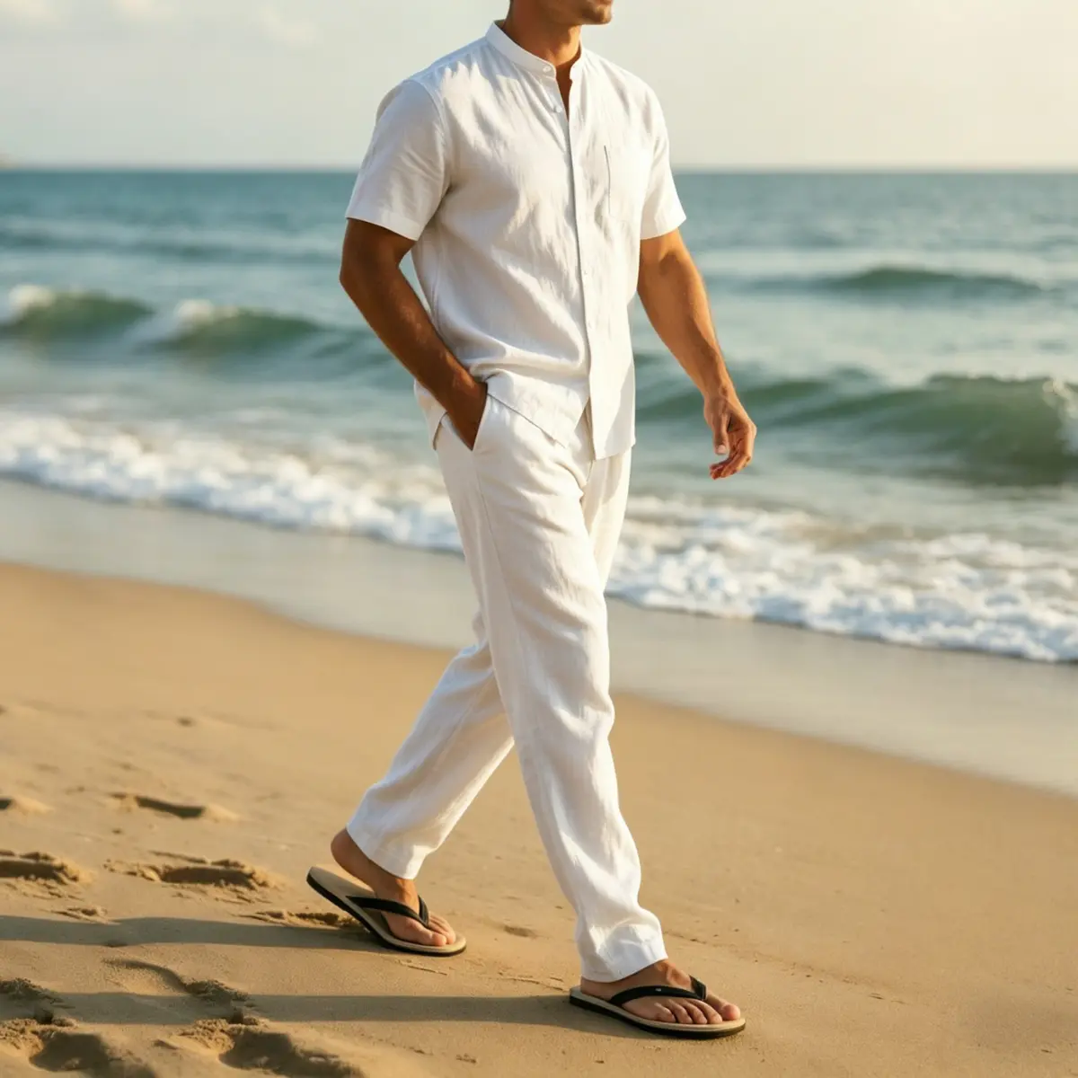 Men's linen set with stand collar short sleeves and long pants — summer casual two-piece set