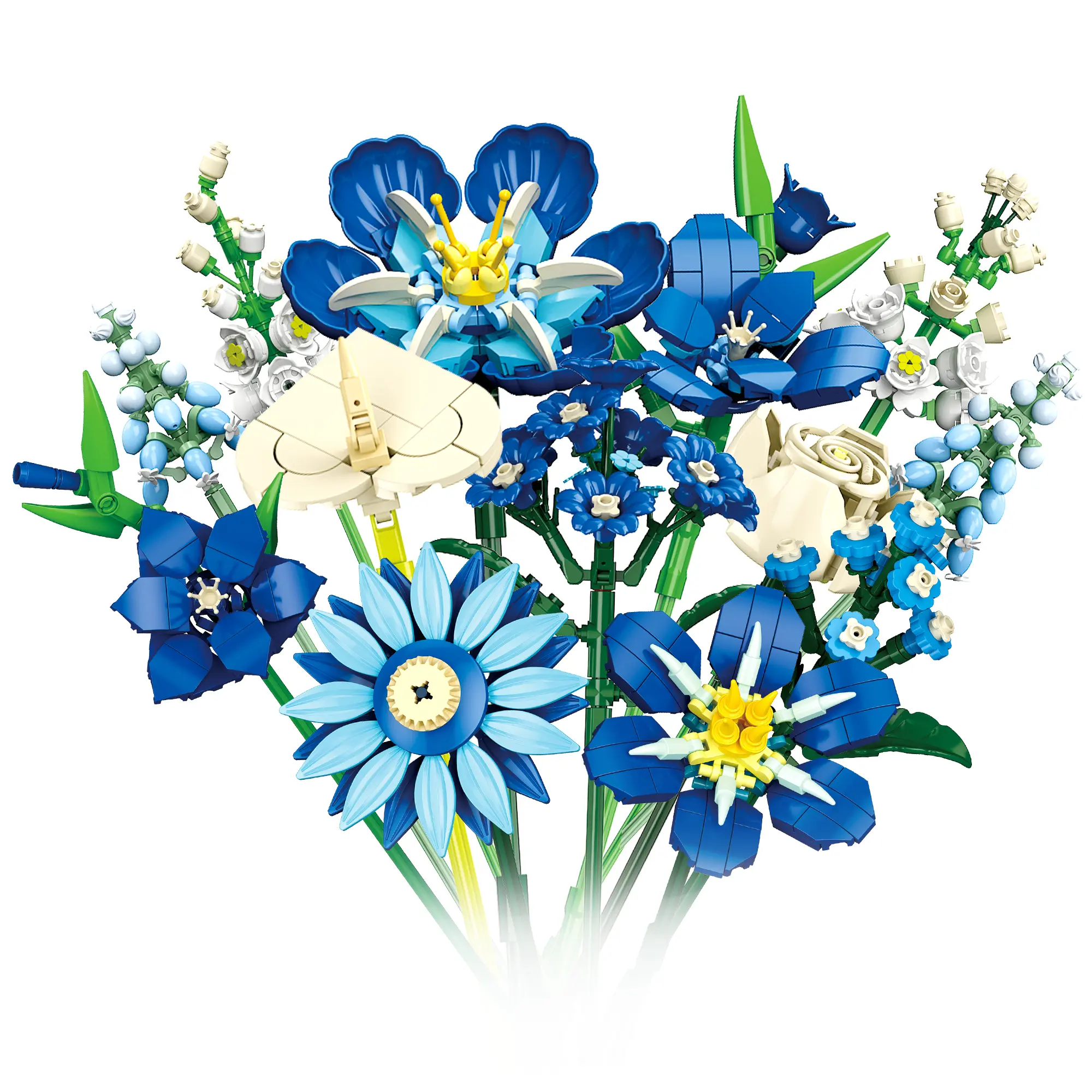 Multi Style Blue Tone Flower Building Blocks Set, Floral Decor Brick Toy, Nice Gift For Ladies Girls