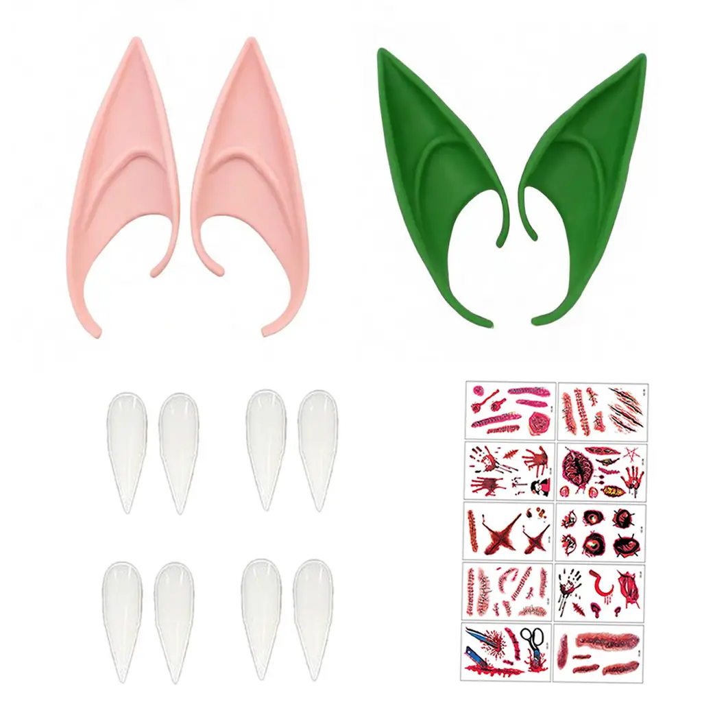 Spooky 4-Pairs Vampire Fang Set, Realistic Elf Ears, Eerie False Tooth Detail Scar Stickers, Canine False Teeth, Zombie Cosplay Props for Halloween Party Accessories