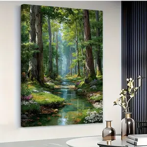 2D flat painting, 2D flat painting, 1 piece 2D, stunning canvas artwork, forest stream, oil painting, poster, wall decoration, living room, dining room, garage, workplace, bar, decorative art, solid wood frame, 16X 24inch , 24X 36inch