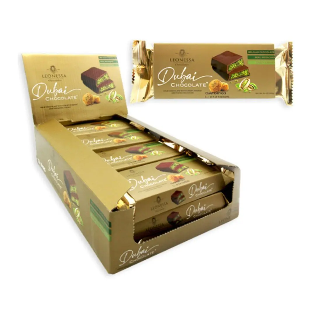 Leonessa Dubai Chocolate Individual Bars with Pistachio Kunafa Nuts - 12x3.5 oz Case, Luxury Dessert Snacks for Gatherings, Special Occasions