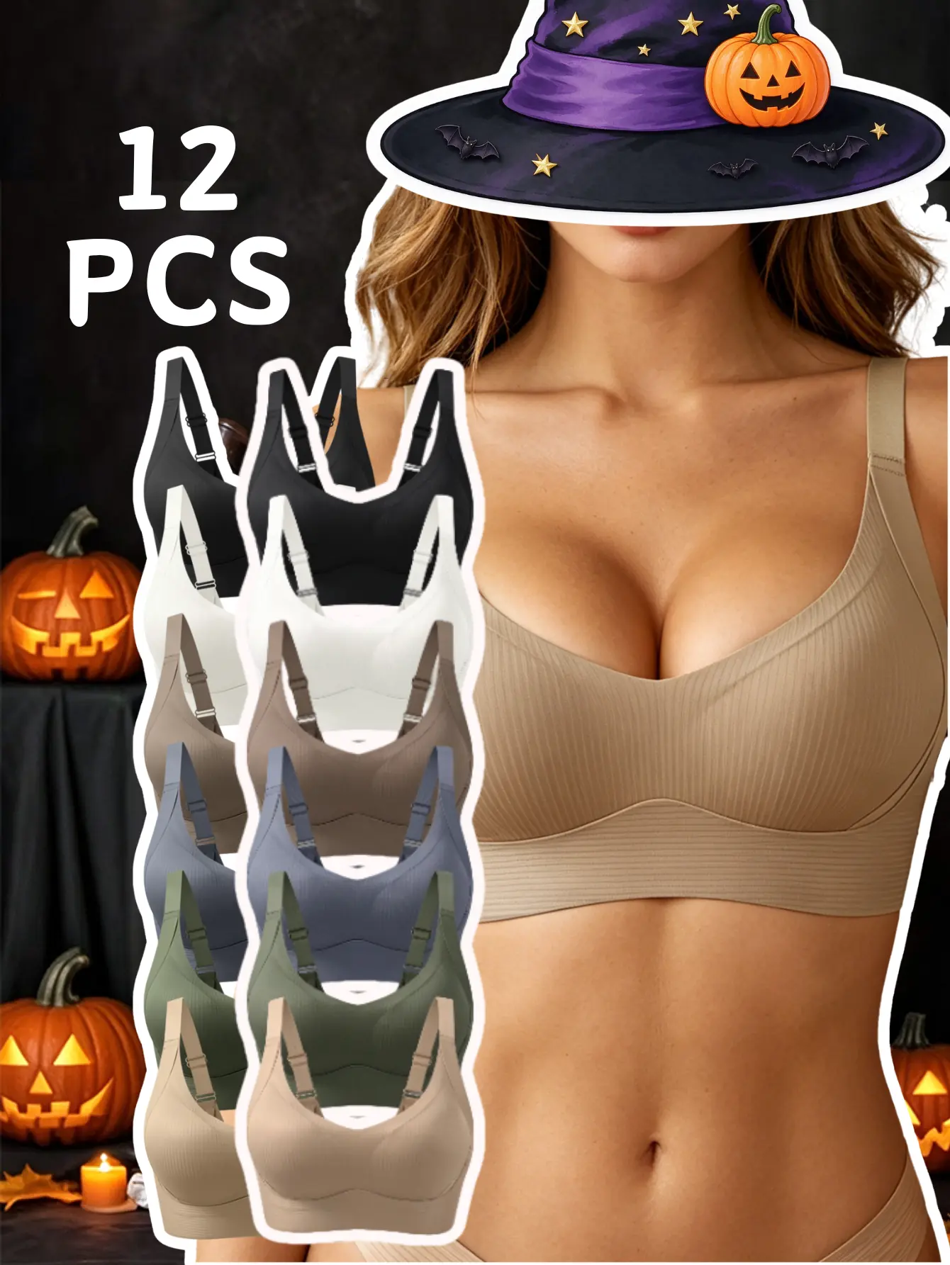 2/4/6/12Pcs Women's Push Up Bras - Seamless Built-In Padded Bralettes, Wide Straps, Fixed Cups, Side Breast Coverage, Ultra-Soft Support, Breathable No Underwire Casual Bralettes for Everyday Wear elegant plain style, Soft, comfy, la calabaza halloween