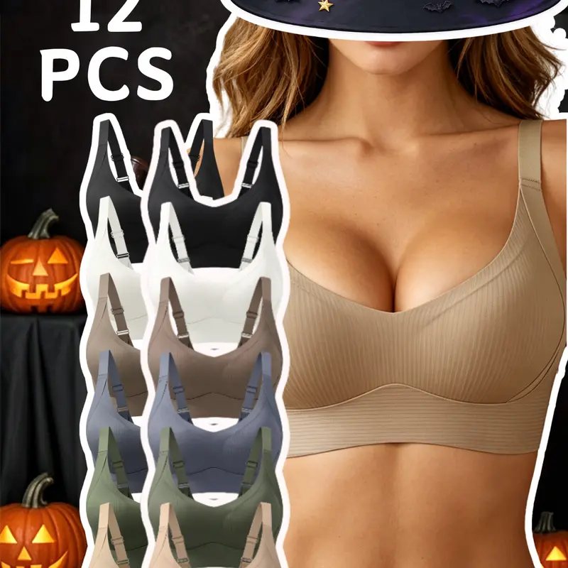 2/4/6/12Pcs Women's Push Up Bras - Seamless Built-In Padded Bralettes, Wide Straps, Fixed Cups, Side Breast Coverage, Ultra-Soft Support, Breathable No Underwire Casual Bralettes for Everyday Wear elegant plain style, Soft, comfy, la calabaza halloween