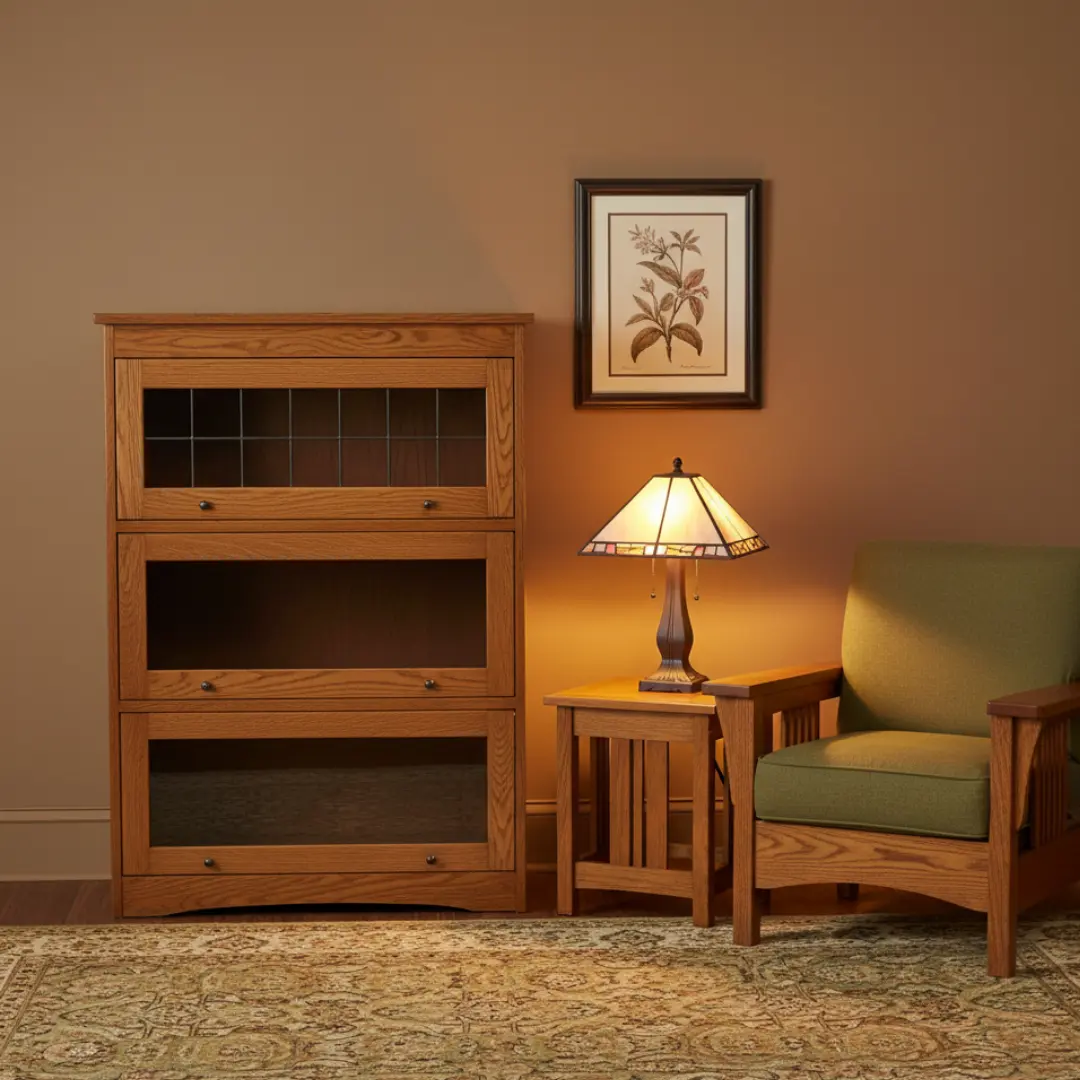 3-Stack Mission Craftsman Style Oak Barrister Bookcase, Solid Wood Bookshelf, Stackable, Glass-Fronted, Durable, Elegant Indoor Furniture Shelf