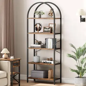 Bookshelf 5 Tier Bookcase Arched Display Racks Tall Standing Bookshelves Metal Frame Modern Storage Rack Shelf Large Wood Book Shelf for Bedroom, Living Room, Home Office, Rustic Brown