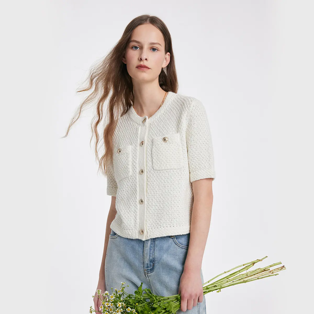 Women's Basic Openwork Round Neck Knitwear Cardigan - Flat Fit Ladies' Clothes, Lady, Casual, Mesh, Cotton