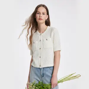 Openwork Round Neck Knitted Women Cardigan Tops Fit