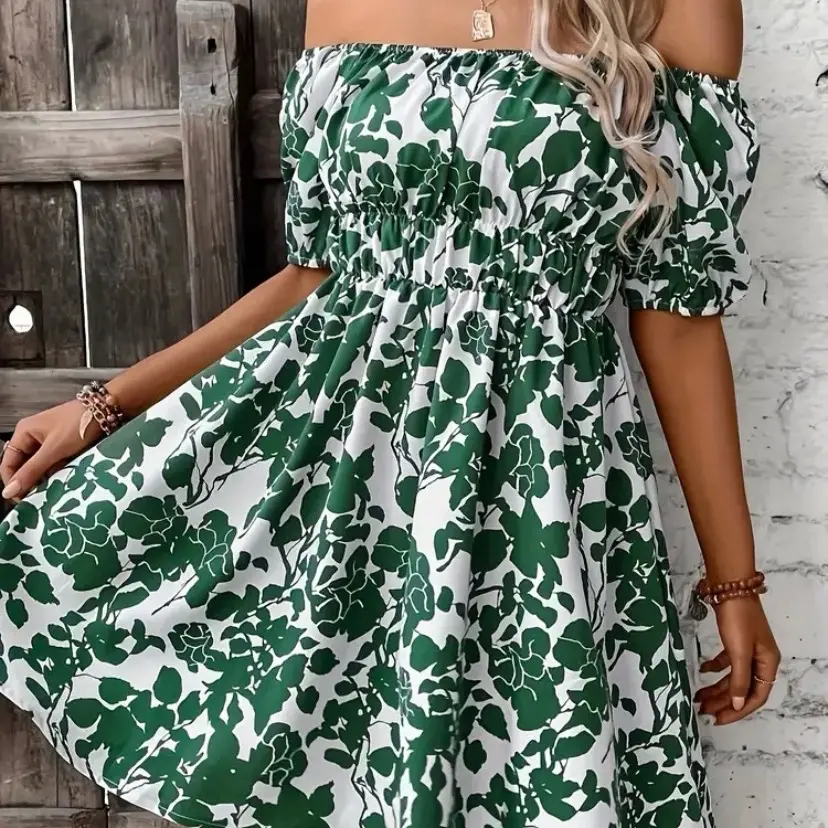 Leaves Print Off Shoulder Aline Dress, Vacation Style Short Sleeve Swing Dress For Spring & Summer, Women's Clothing Casual Womenswear Comfortable Day