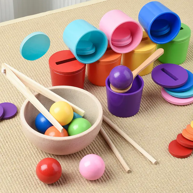 Hatwoo Ball in Cups Toddler Montesssori Toys for 1 2 3 Years Old, Rainbow Color Sorting Toy Coin Box Matching Game, Wooden Learning Color for Baby Toddler Age 1-3, Fine Motor Developmental Infants  Toy