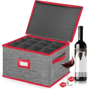 Hard Shell Stackable Wine Glass Storage Box with Dividers, Stemware Storage Case for Up to 12 Crystal Glasses, Glassware Containers for Holidays, Grey and Red