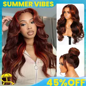 Salon Layer Cut Ginger Highlights On Brown Hair 360 Lace Frontal Invisi Strap Skin Lace InvisiDrawstring Snug Fit Body Wave Human Hair Wig#Summervibes