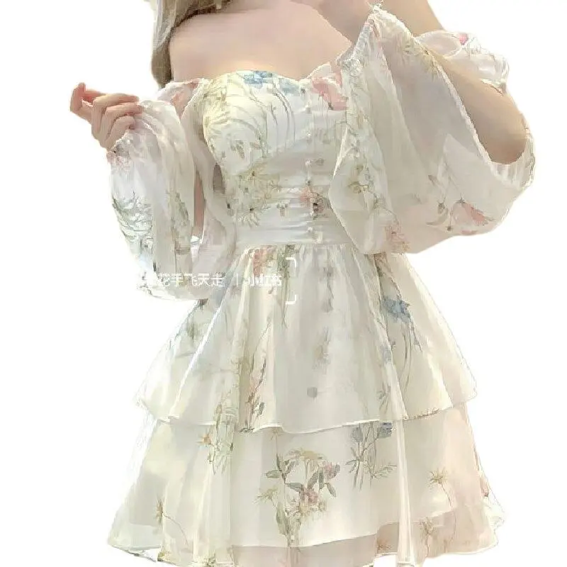 Women Off‑Shoulder Puff Sleeve Floral Mini Dress, Ruched Bodice Tiered Chiffon Fairy Short Dress