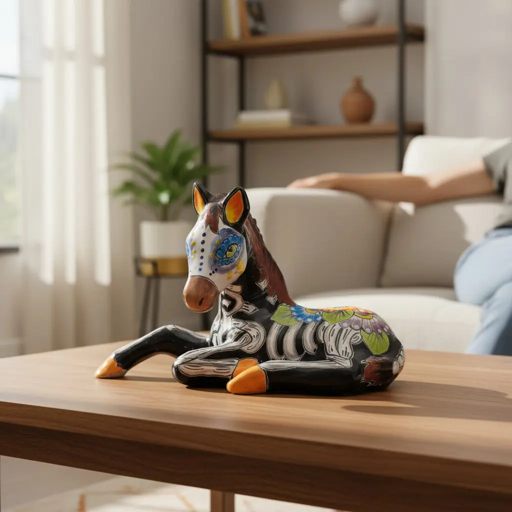 Talavera Horse Figurine | Day of the Dead Skeleton Design