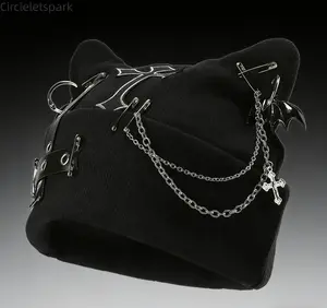 Circleletspark Women's Gothic Cat Ear Beanie with Punk Chain & Bat Charm Y2K Grunge Winter Cap Adjustable Machine Washable Black Streetwear Accessory