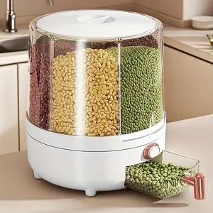 360° Rotating Grain Dispenser — 6-Compartment Airtight Food Storage Container for Rice, Beans & Pantry Staples